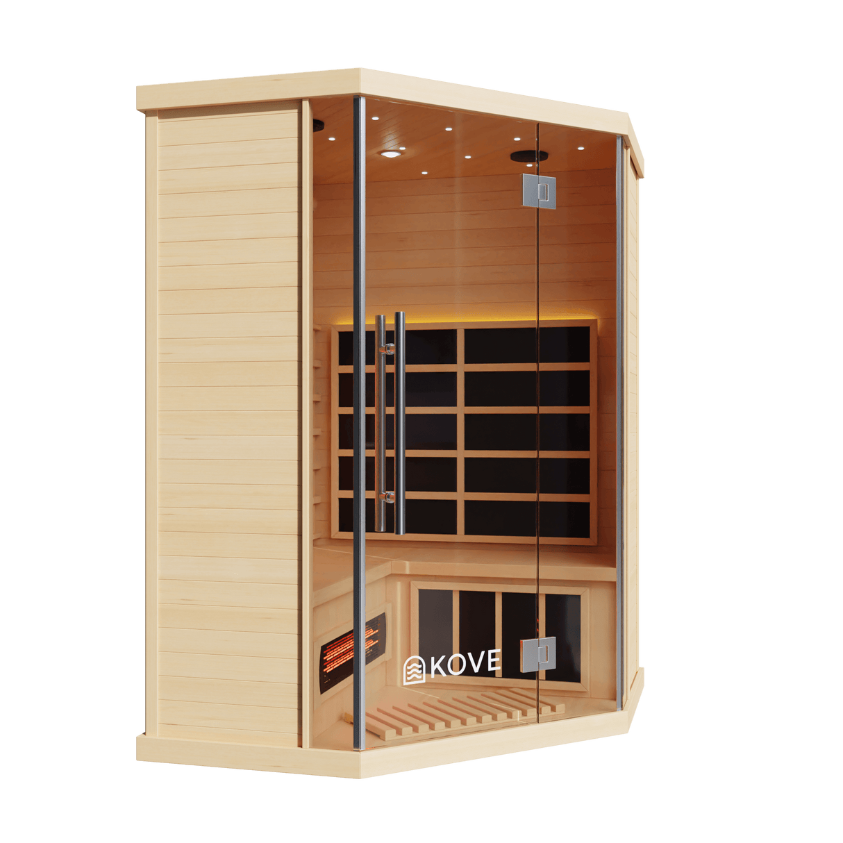 Kove 3-4 Person Infrared Corner Sauna Cabin – Hemlock Wood, Glass Front, Bluetooth & Full Spectrum Heating | KOVE-INFC Indoor Infrared Saunas Kove Designs