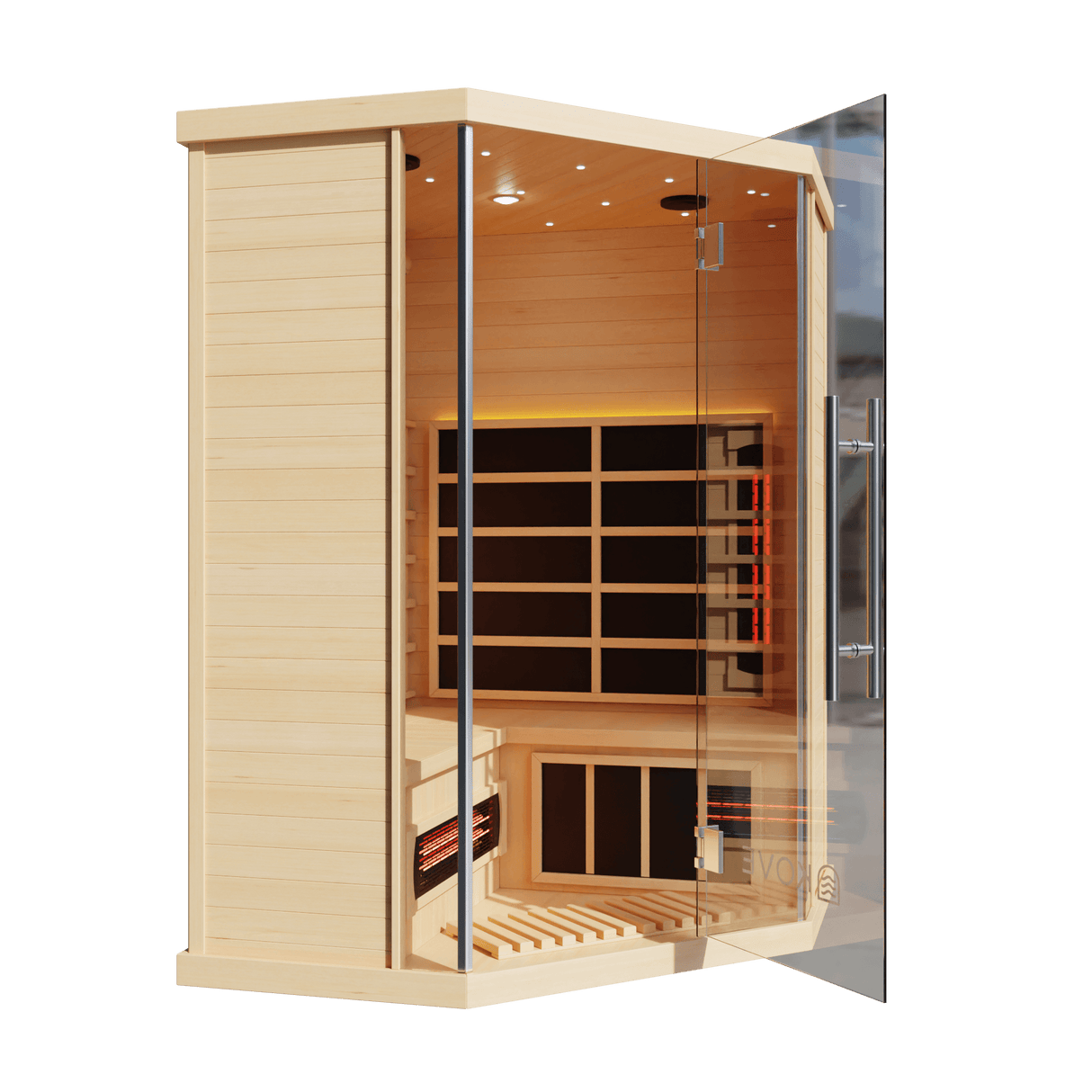 Kove 3-4 Person Infrared Corner Sauna Cabin – Hemlock Wood, Glass Front, Bluetooth & Full Spectrum Heating | KOVE-INFC Indoor Infrared Saunas Kove Designs
