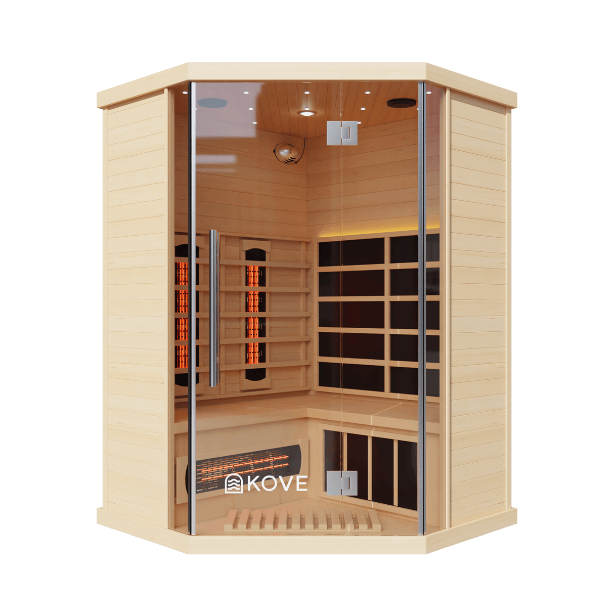 Kove 3-4 Person Infrared Corner Sauna Cabin – Hemlock Wood, Glass Front, Bluetooth & Full Spectrum Heating | KOVE-INFC Indoor Infrared Saunas Kove Designs