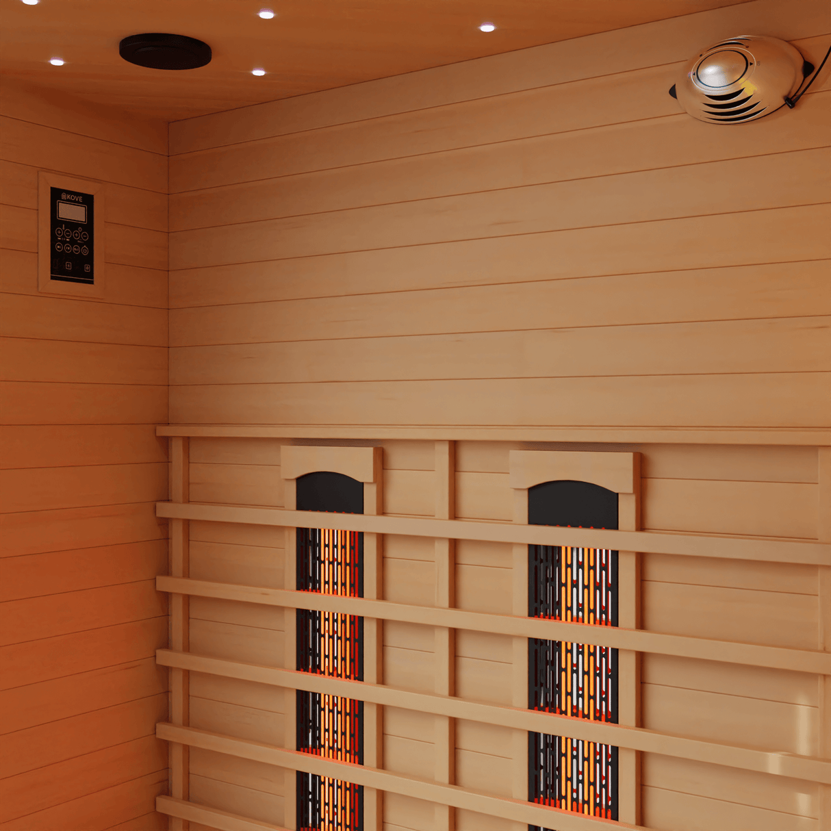 Kove 3-4 Person Infrared Corner Sauna Cabin – Hemlock Wood, Glass Front, Bluetooth & Full Spectrum Heating | KOVE-INFC Indoor Infrared Saunas Kove Designs