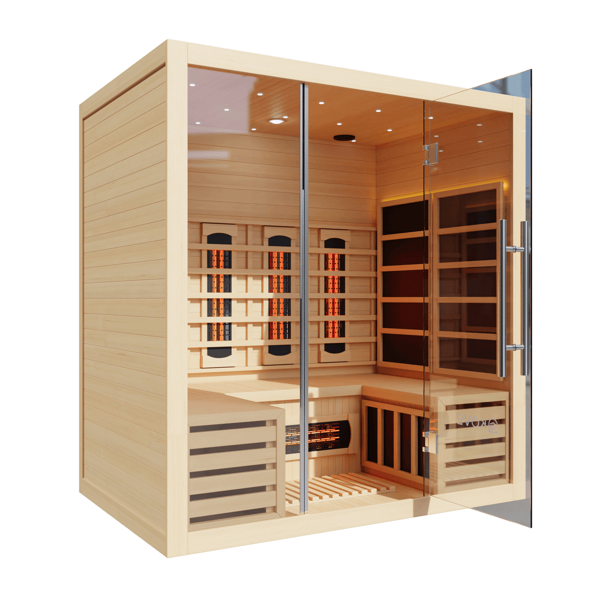 Kove 4 Person Infrared Sauna Cabin – Hemlock Wood, Glass Front, Bluetooth & Full Spectrum Heating | KOVE-INF4 Indoor Infrared Saunas Kove Designs
