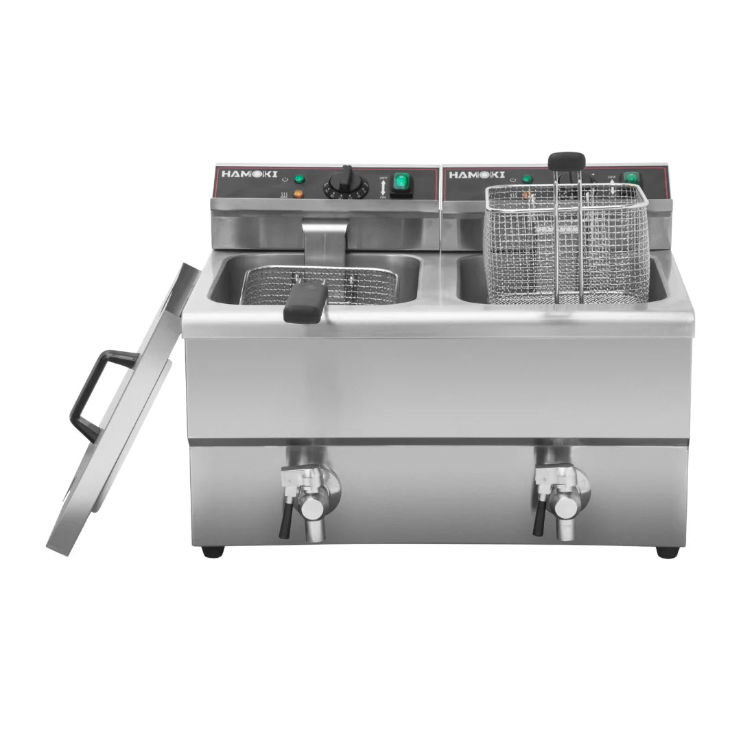Hamoki Commercial Countertop Electric Fryer Twin Tank - 8+8 Litre with Drain Taps | 101110 Countertop Electric Fryers Hamoki