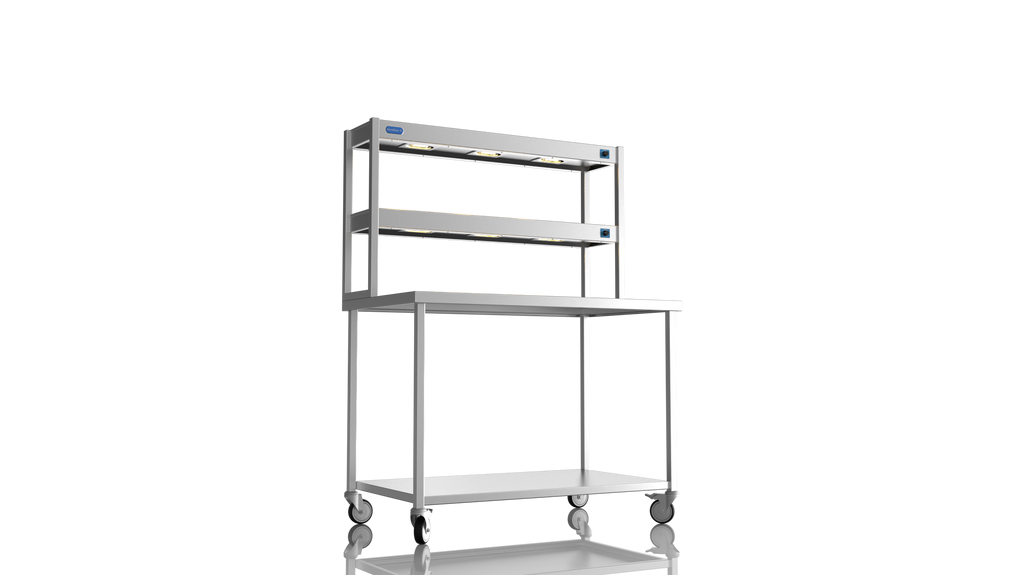 Nordstar Mobile Centre Table Bench With 2 Tier Heated Gantry Chefs Pass 1200mm | DTCMCB1200 Stainless Steel Tables with Overshelf Nordstar