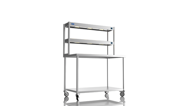 Nordstar Mobile Centre Table Bench With 2 Tier Heated Gantry Chefs Pass 1200mm | DTCMCB1200 Stainless Steel Tables with Overshelf Nordstar