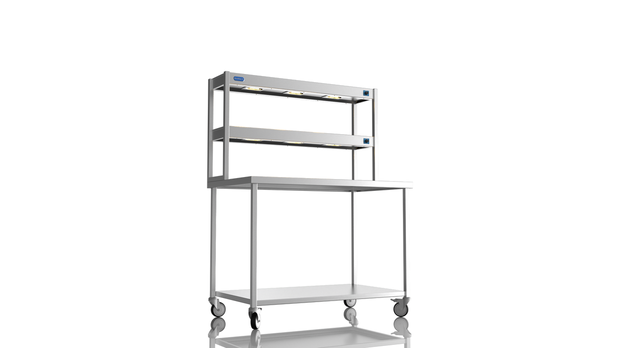Nordstar Mobile Centre Table Bench With 2 Tier Heated Gantry Chefs Pass 1200mm | DTCMCB1200 Stainless Steel Tables with Overshelf Nordstar
