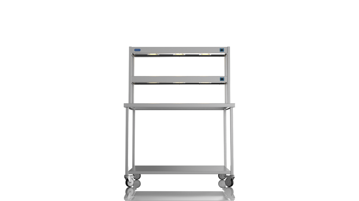 Nordstar Mobile Centre Table Bench With 2 Tier Heated Gantry Chefs Pass 1200mm | DTCMCB1200 Stainless Steel Tables with Overshelf Nordstar