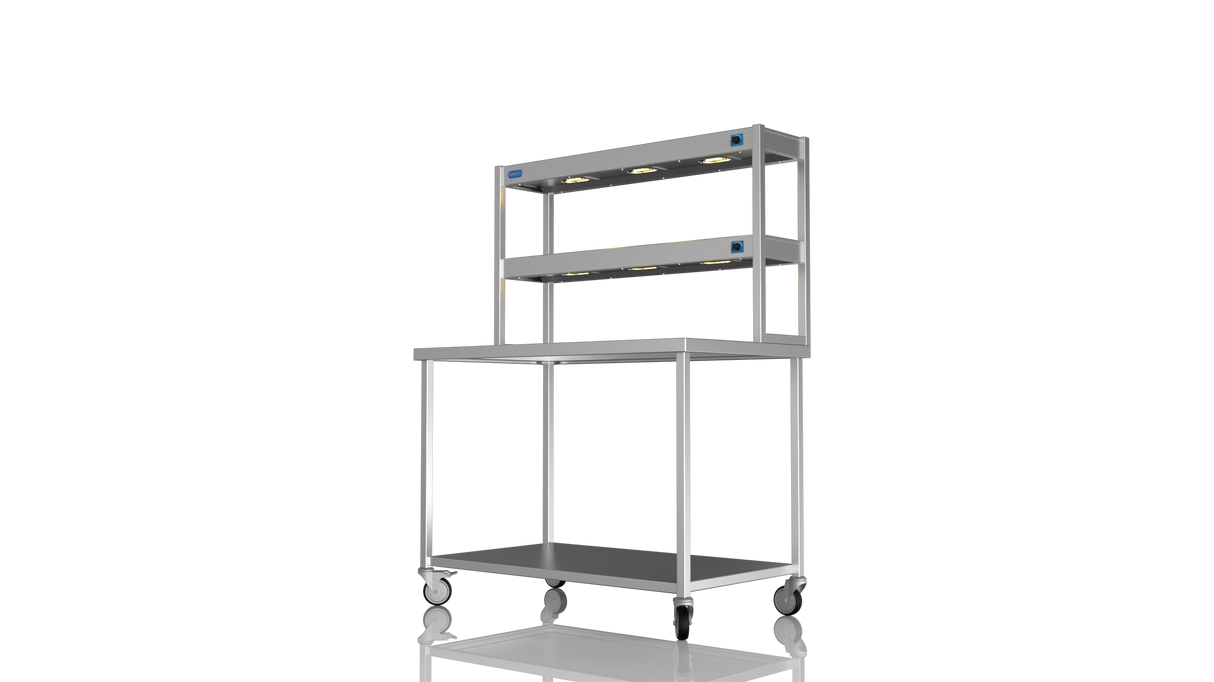 Nordstar Mobile Centre Table Bench With 2 Tier Heated Gantry Chefs Pass 1200mm | DTCMCB1200 Stainless Steel Tables with Overshelf Nordstar