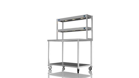 Nordstar Mobile Centre Table Bench With 2 Tier Heated Gantry Chefs Pass 1200mm | DTCMCB1200 Stainless Steel Tables with Overshelf Nordstar