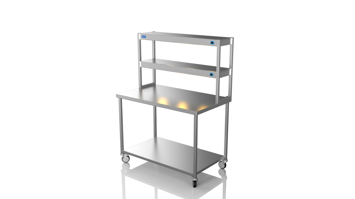 Nordstar Mobile Centre Table Bench With 2 Tier Heated Gantry Chefs Pass 1200mm | DTCMCB1200 Stainless Steel Tables with Overshelf Nordstar