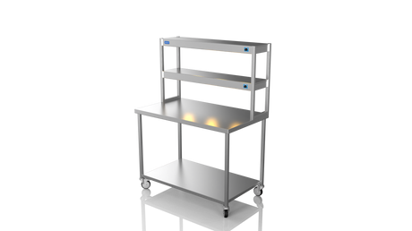 Nordstar Mobile Centre Table Bench With 2 Tier Heated Gantry Chefs Pass 1200mm | DTCMCB1200 Stainless Steel Tables with Overshelf Nordstar