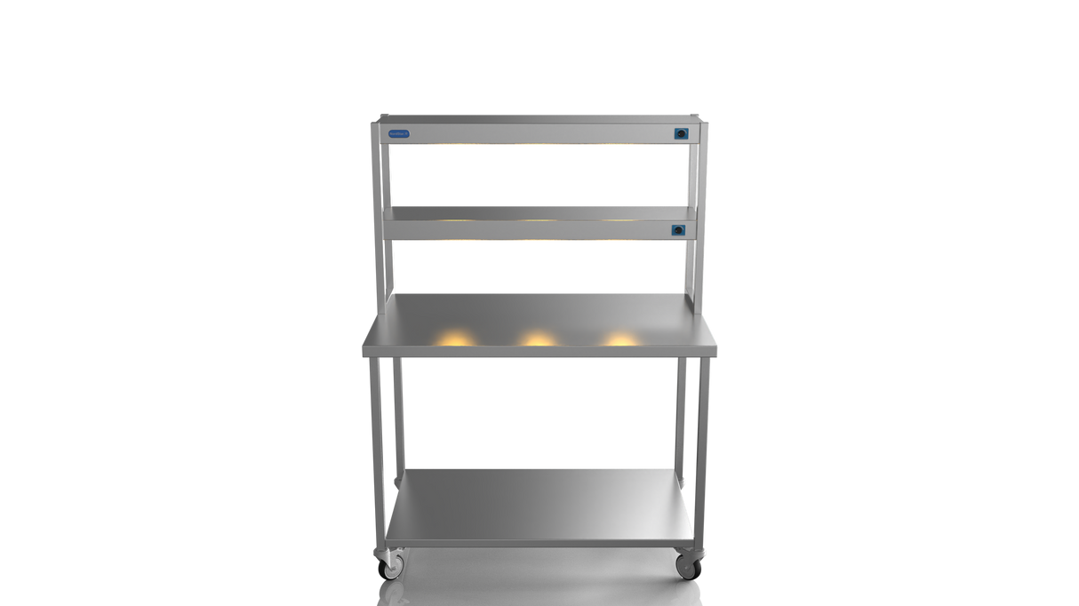 Nordstar Mobile Centre Table Bench With 2 Tier Heated Gantry Chefs Pass 1200mm | DTCMCB1200 Stainless Steel Tables with Overshelf Nordstar