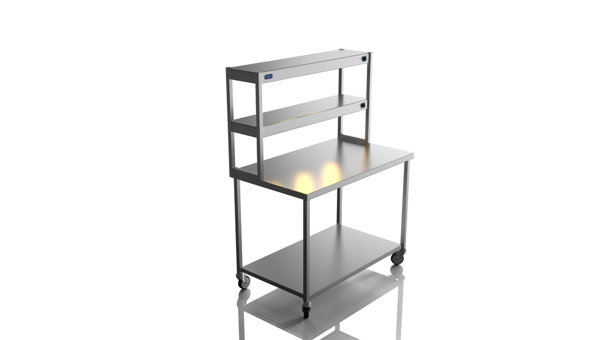 Nordstar Mobile Centre Table Bench With 2 Tier Heated Gantry Chefs Pass 1200mm | DTCMCB1200 Stainless Steel Tables with Overshelf Nordstar