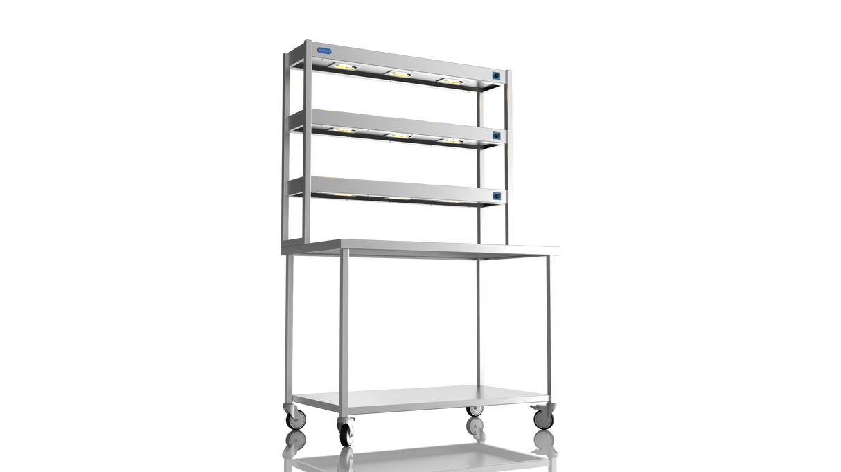 Nordstar Mobile Centre Table Bench With 3 Tier Heated Gantry Chefs Pass 1200mm | TTCMCB1200 Stainless Steel Tables with Overshelf Nordstar
