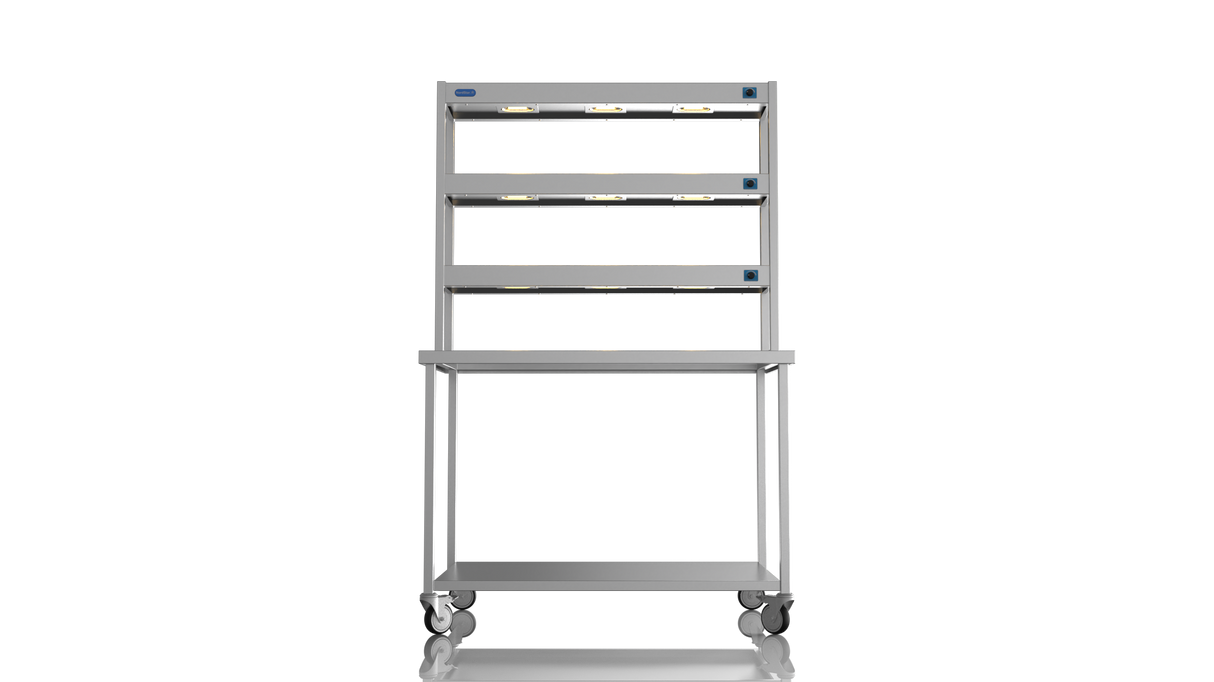Nordstar Mobile Centre Table Bench With 3 Tier Heated Gantry Chefs Pass 1200mm | TTCMCB1200 Stainless Steel Tables with Overshelf Nordstar