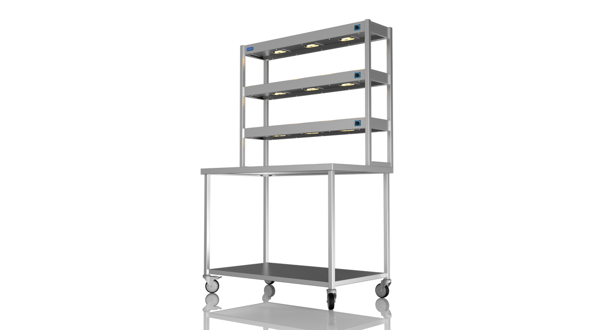 Nordstar Mobile Centre Table Bench With 3 Tier Heated Gantry Chefs Pass 1200mm | TTCMCB1200 Stainless Steel Tables with Overshelf Nordstar