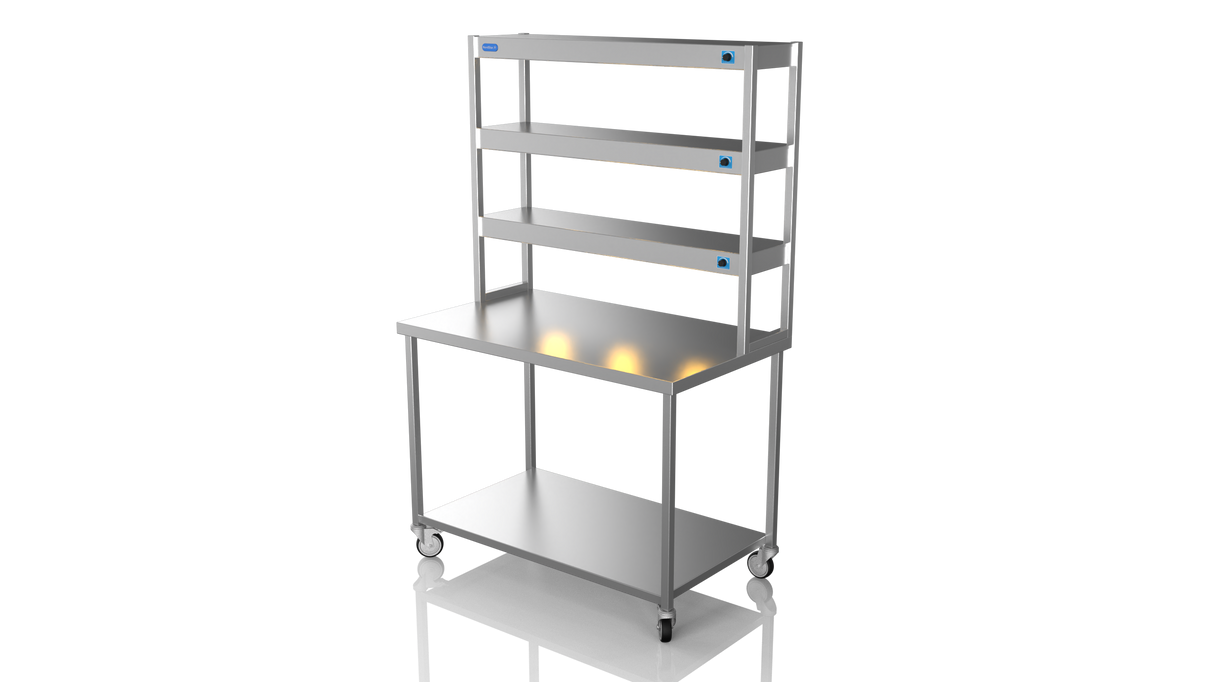 Nordstar Mobile Centre Table Bench With 3 Tier Heated Gantry Chefs Pass 1200mm | TTCMCB1200 Stainless Steel Tables with Overshelf Nordstar