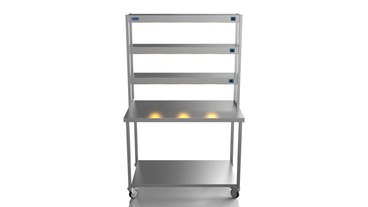 Nordstar Mobile Centre Table Bench With 3 Tier Heated Gantry Chefs Pass 1200mm | TTCMCB1200 Stainless Steel Tables with Overshelf Nordstar