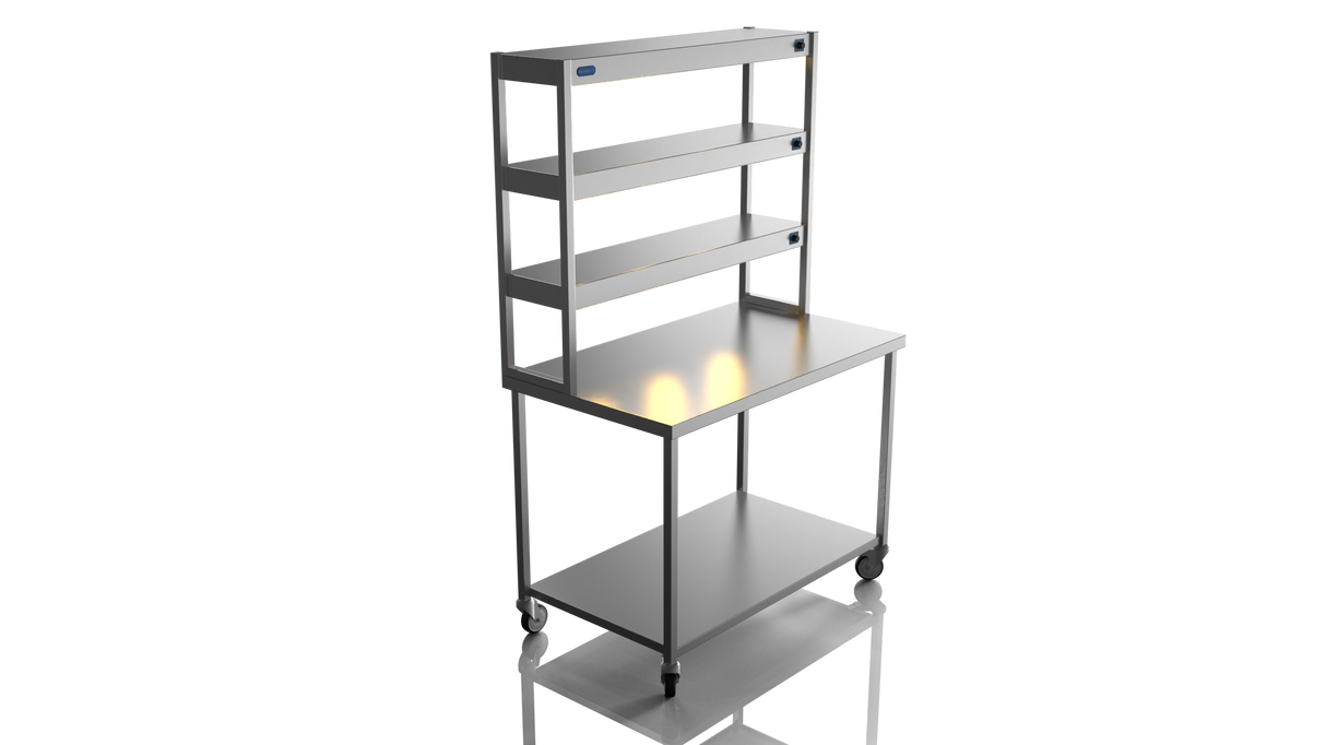 Nordstar Mobile Centre Table Bench With 3 Tier Heated Gantry Chefs Pass 1200mm | TTCMCB1200 Stainless Steel Tables with Overshelf Nordstar