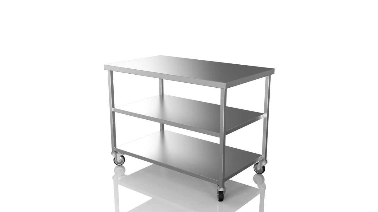 Nordstar Mobile Centre Table Bench with 2 Undershelves 1200mm Wide | NSMCB1200MS Stainless Steel Tables with Castors Nordstar
