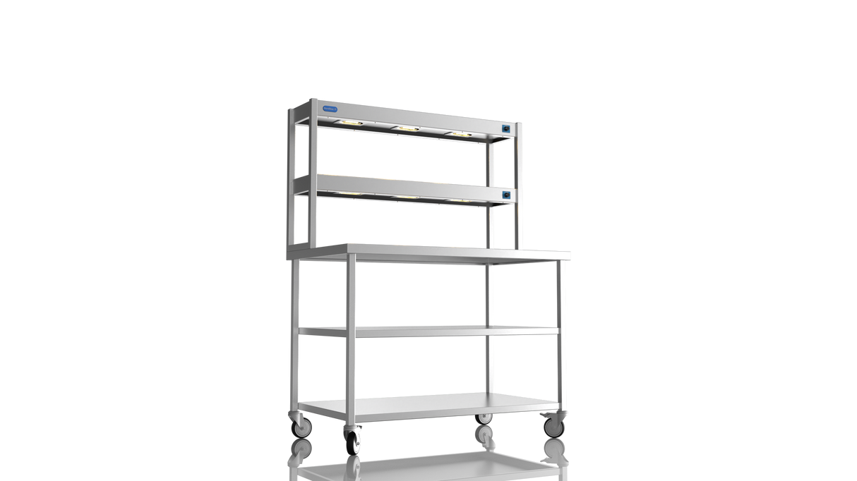 Nordstar Mobile Centre Table Bench With 2 Tier Heated Gantry Chefs Pass 1200mm | DTCMCB1200MS Stainless Steel Tables with Overshelf Nordstar