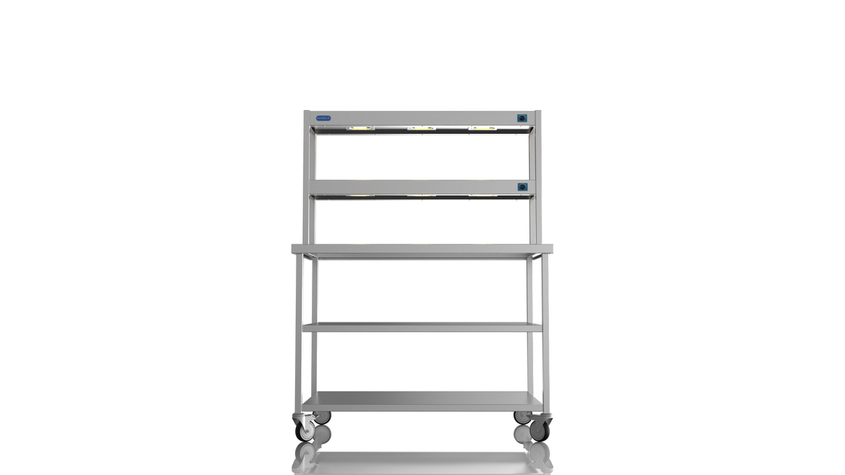 Nordstar Mobile Centre Table Bench With 2 Tier Heated Gantry Chefs Pass 1200mm | DTCMCB1200MS Stainless Steel Tables with Overshelf Nordstar