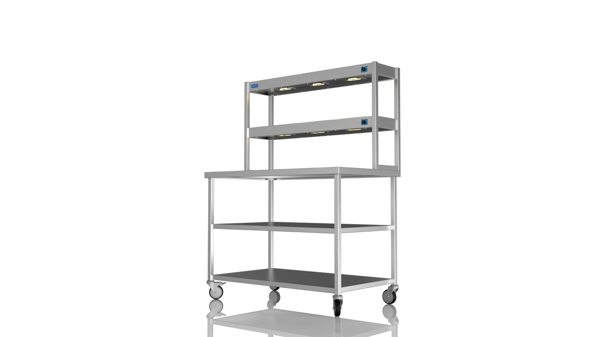 Nordstar Mobile Centre Table Bench With 2 Tier Heated Gantry Chefs Pass 1200mm | DTCMCB1200MS Stainless Steel Tables with Overshelf Nordstar