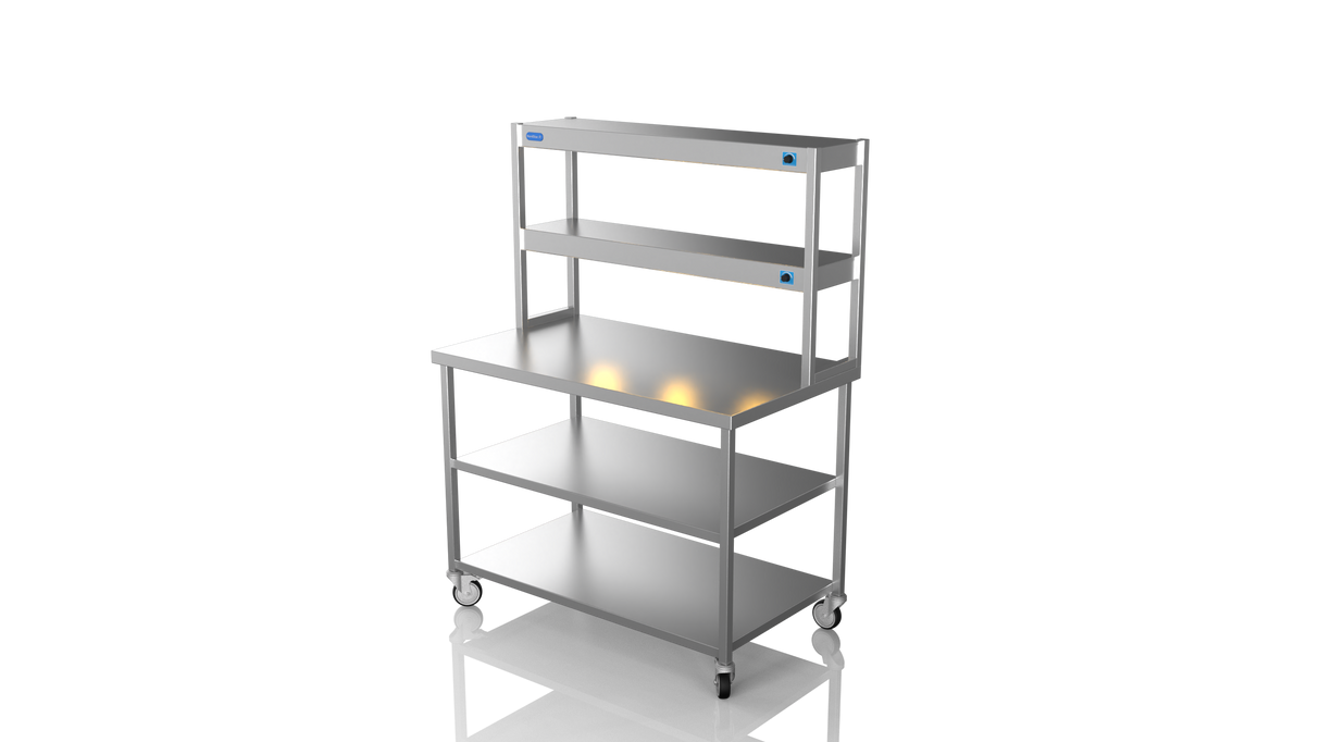 Nordstar Mobile Centre Table Bench With 2 Tier Heated Gantry Chefs Pass 1200mm | DTCMCB1200MS Stainless Steel Tables with Overshelf Nordstar