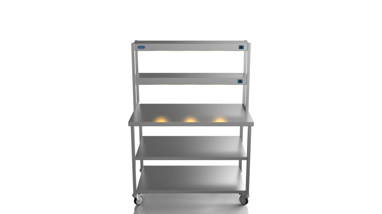 Nordstar Mobile Centre Table Bench With 2 Tier Heated Gantry Chefs Pass 1200mm | DTCMCB1200MS Stainless Steel Tables with Overshelf Nordstar