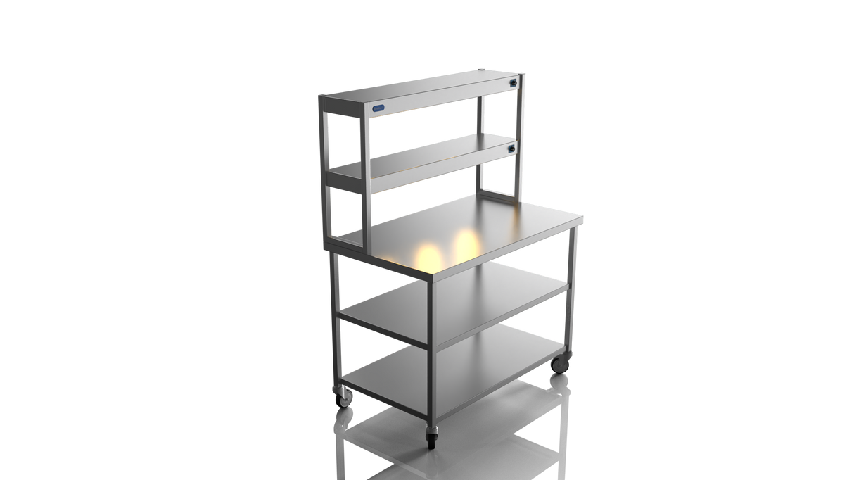 Nordstar Mobile Centre Table Bench With 2 Tier Heated Gantry Chefs Pass 1200mm | DTCMCB1200MS Stainless Steel Tables with Overshelf Nordstar