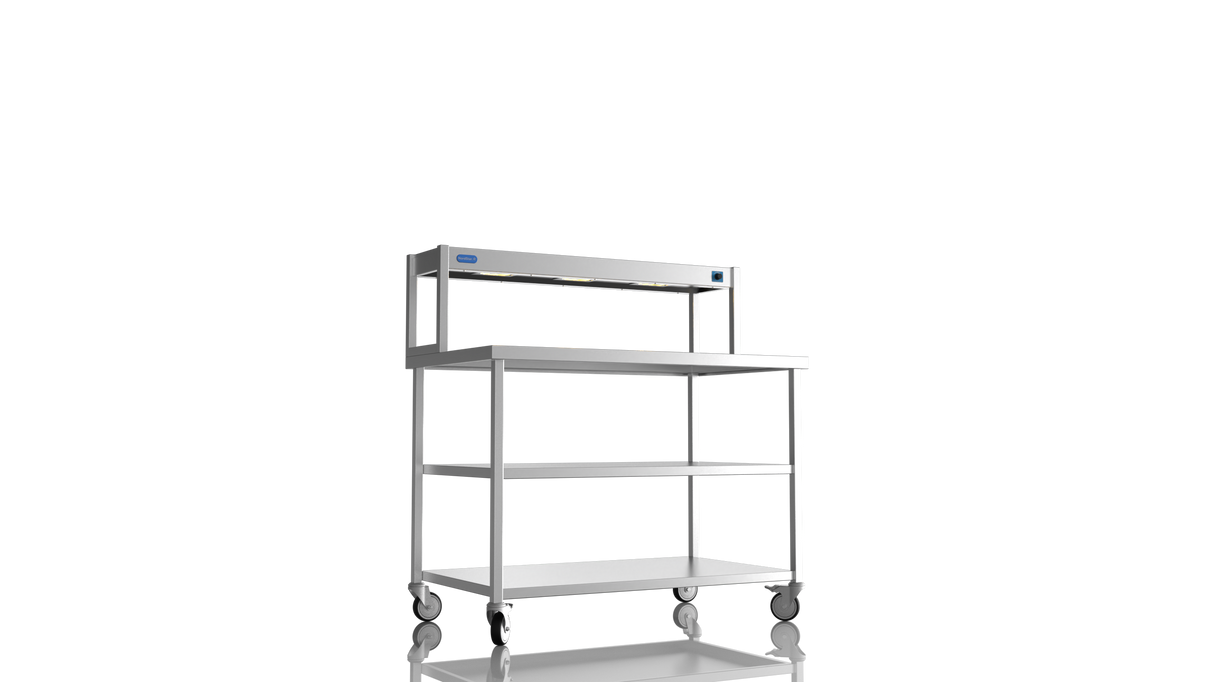 Nordstar Mobile Centre Table Bench With Heated Gantry Chefs Pass 1200mm | STCMCB1200MS Stainless Steel Tables with Overshelf Nordstar