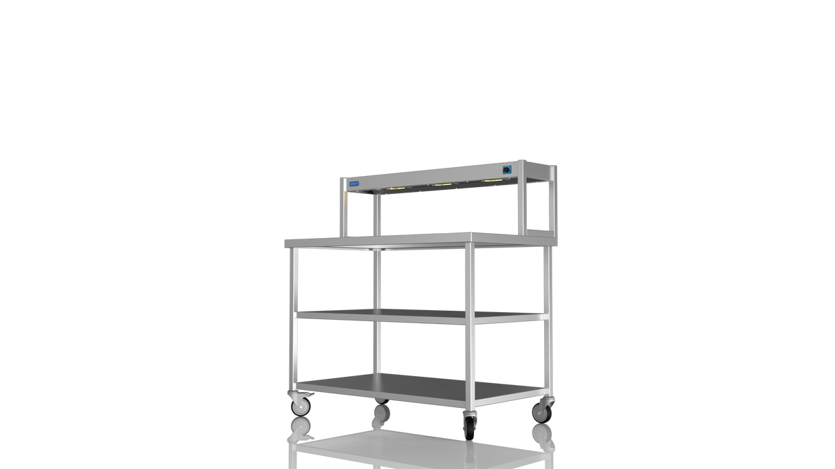 Nordstar Mobile Centre Table Bench With Heated Gantry Chefs Pass 1200mm | STCMCB1200MS Stainless Steel Tables with Overshelf Nordstar