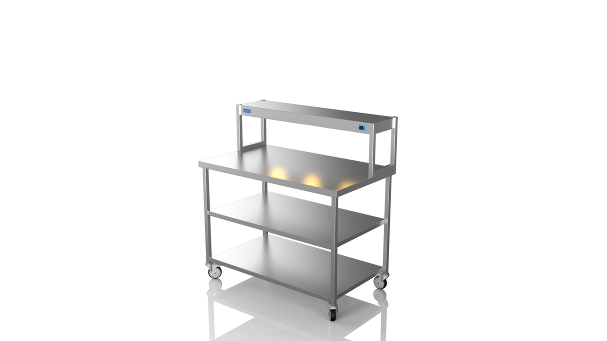 Nordstar Mobile Centre Table Bench With Heated Gantry Chefs Pass 1200mm | STCMCB1200MS Stainless Steel Tables with Overshelf Nordstar