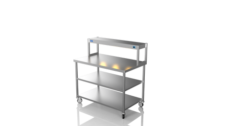 Nordstar Mobile Centre Table Bench With Heated Gantry Chefs Pass 1200mm | STCMCB1200MS Stainless Steel Tables with Overshelf Nordstar