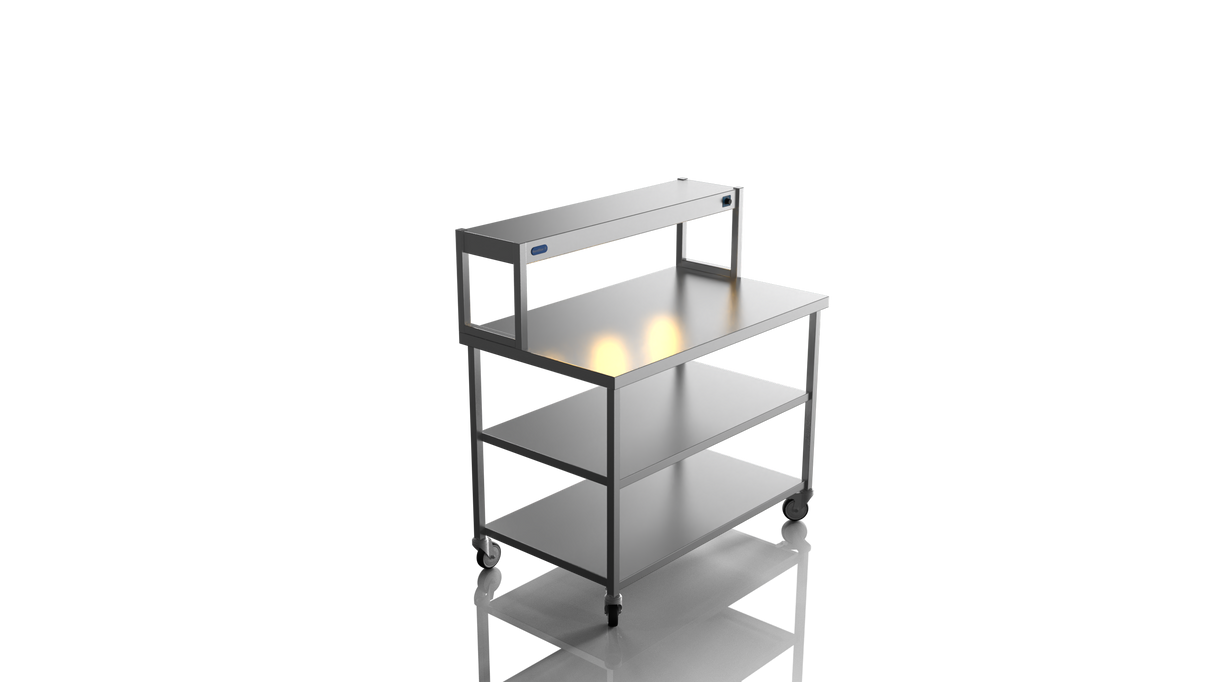 Nordstar Mobile Centre Table Bench With Heated Gantry Chefs Pass 1200mm | STCMCB1200MS Stainless Steel Tables with Overshelf Nordstar