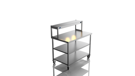 Nordstar Mobile Centre Table Bench With Heated Gantry Chefs Pass 1200mm | STCMCB1200MS Stainless Steel Tables with Overshelf Nordstar