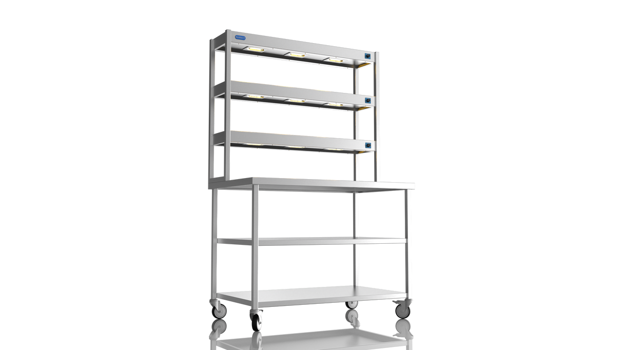 Nordstar Mobile Centre Table Bench With 3 Tier Heated Gantry Chefs Pass 1200mm | TTCMCB1200MS Stainless Steel Tables with Overshelf Nordstar