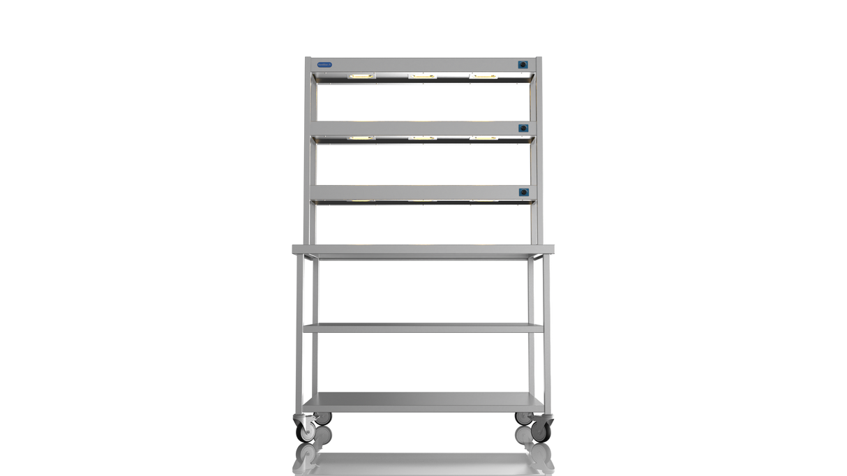 Nordstar Mobile Centre Table Bench With 3 Tier Heated Gantry Chefs Pass 1200mm | TTCMCB1200MS Stainless Steel Tables with Overshelf Nordstar