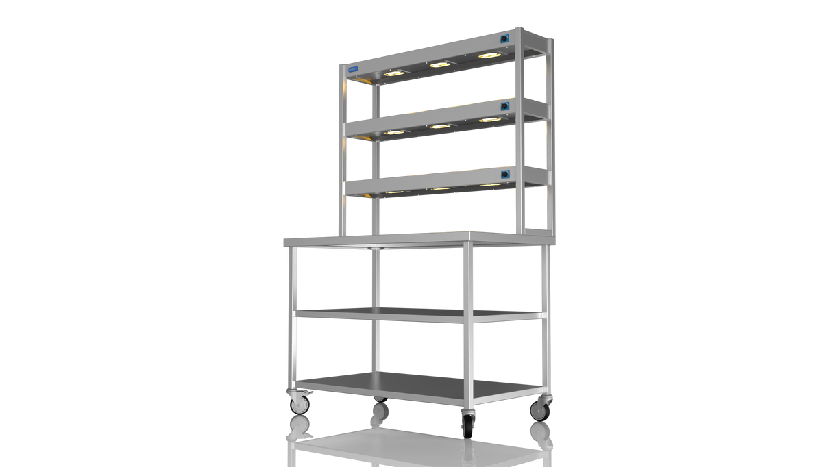 Nordstar Mobile Centre Table Bench With 3 Tier Heated Gantry Chefs Pass 1200mm | TTCMCB1200MS Stainless Steel Tables with Overshelf Nordstar