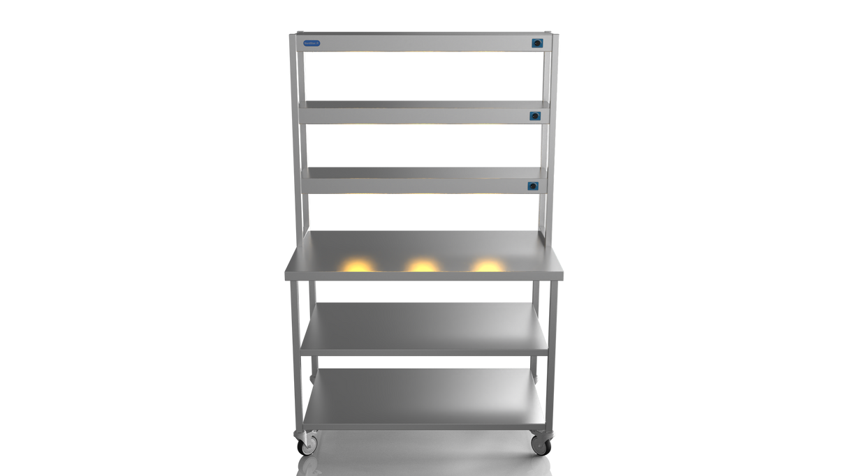 Nordstar Mobile Centre Table Bench With 3 Tier Heated Gantry Chefs Pass 1200mm | TTCMCB1200MS Stainless Steel Tables with Overshelf Nordstar