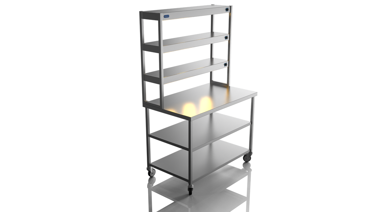 Nordstar Mobile Centre Table Bench With 3 Tier Heated Gantry Chefs Pass 1200mm | TTCMCB1200MS Stainless Steel Tables with Overshelf Nordstar