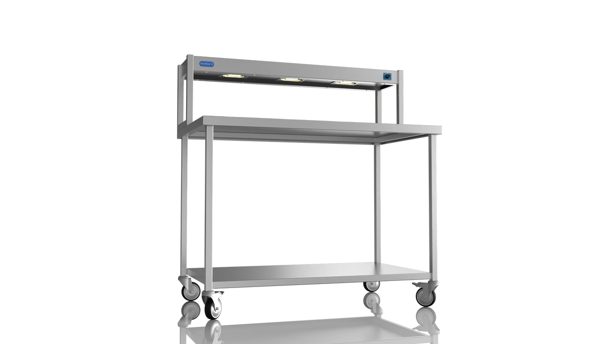 Nordstar Mobile Centre Table Bench With Heated Gantry Chefs Pass 1200mm | STCMCB1200 Stainless Steel Tables with Overshelf Nordstar