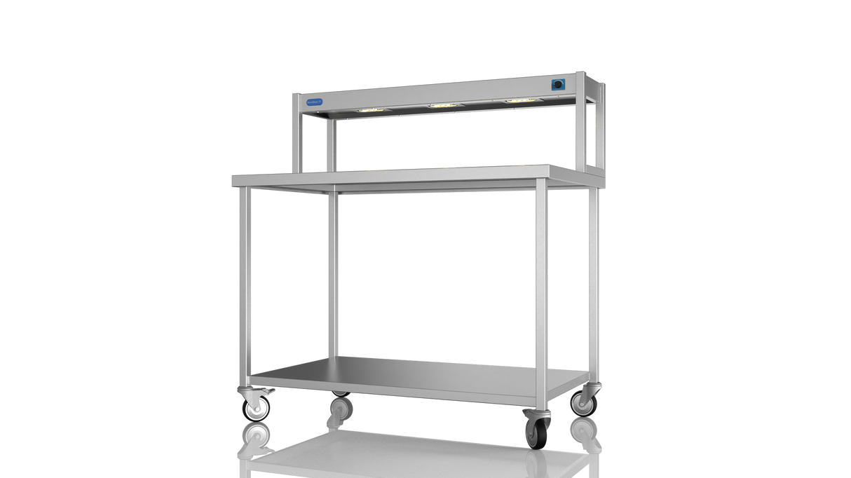 Nordstar Mobile Centre Table Bench With Heated Gantry Chefs Pass 1200mm | STCMCB1200 Stainless Steel Tables with Overshelf Nordstar