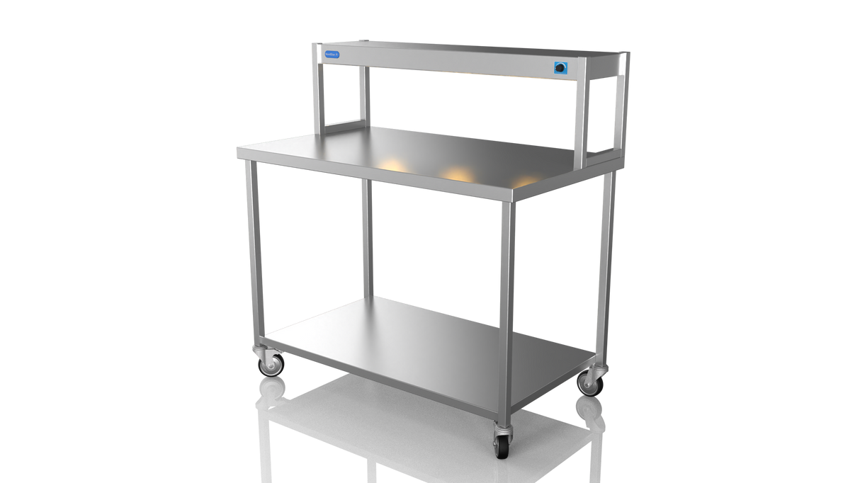 Nordstar Mobile Centre Table Bench With Heated Gantry Chefs Pass 1200mm | STCMCB1200 Stainless Steel Tables with Overshelf Nordstar