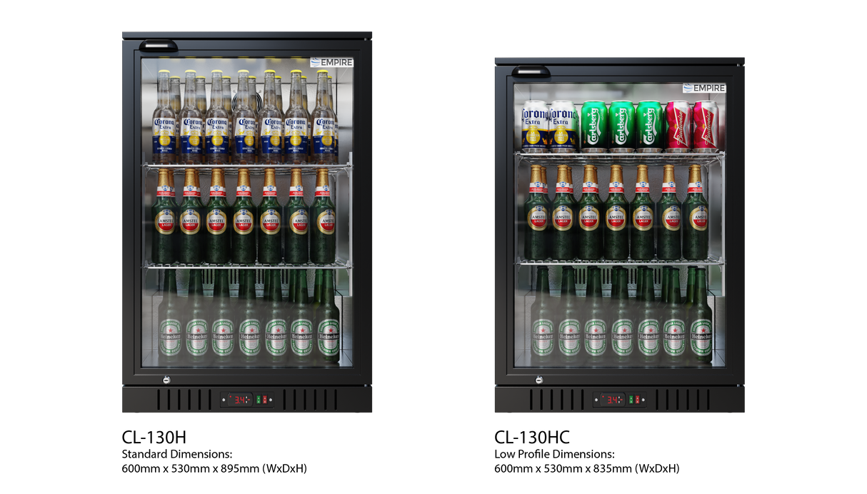 Empire Single Door Bottle Cooler – Low Profile 835mm Height Commercial Back Bar Fridge | CL-130HC Single Door Bottle Coolers Empire