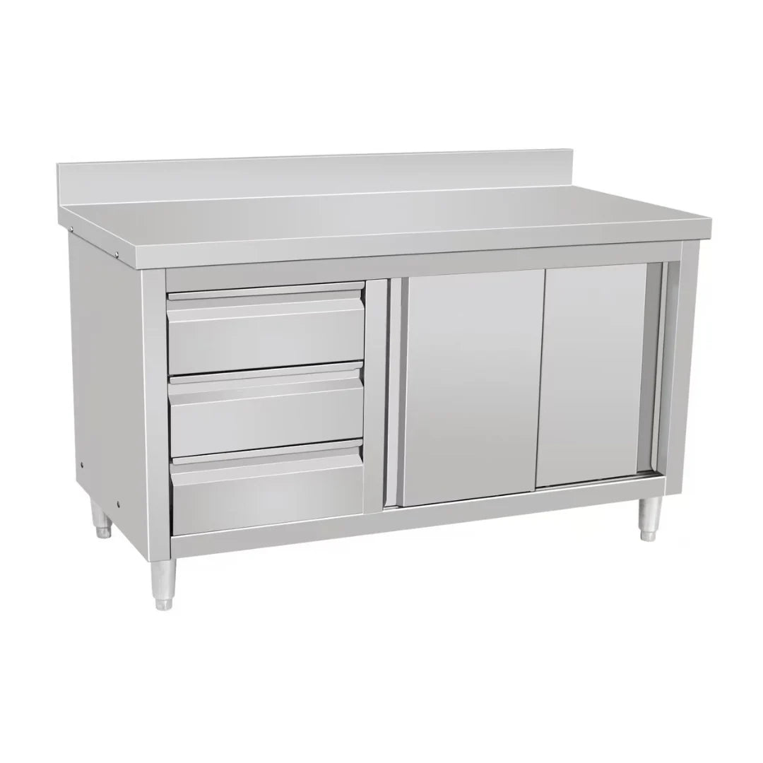 Hamoki Stainless Steel Worktable Cupboard & Upstand With Sliding Doors & 3 Drawers 1200mm Wide | 141065 Stainless Steel Worktops With Cupboards Hamoki