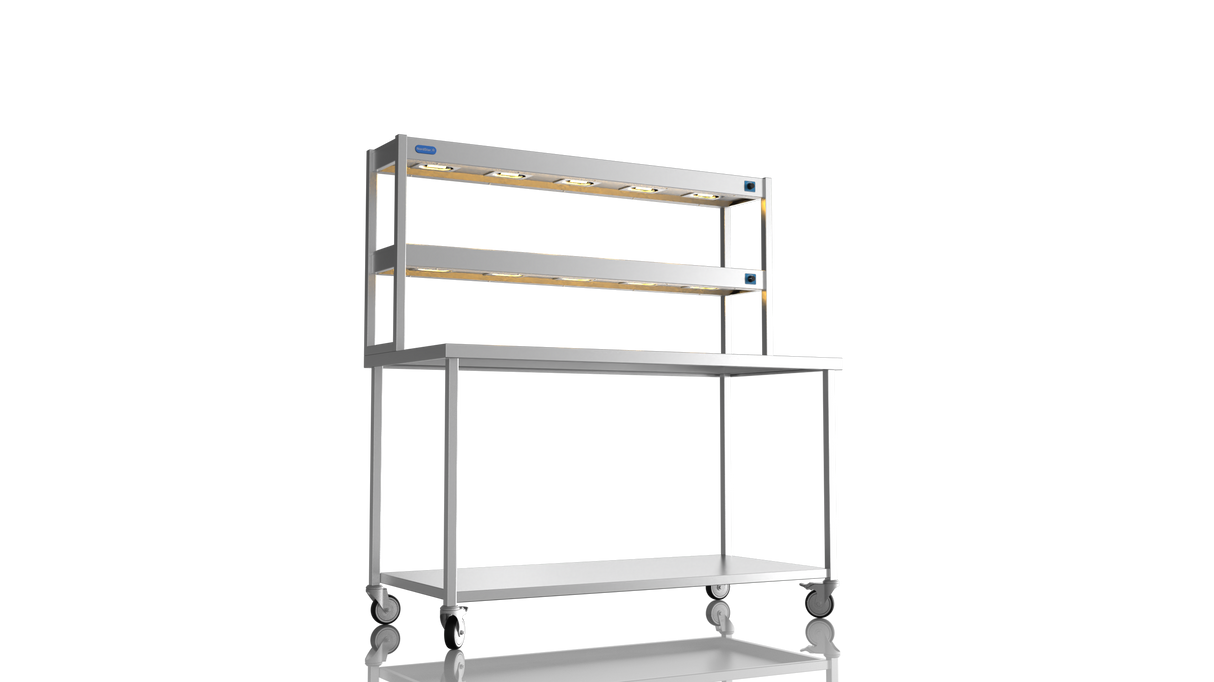 Nordstar Mobile Centre Table Bench With 2 Tier Heated Gantry Chefs Pass 1500mm | DTCMCB1500 Stainless Steel Tables with Overshelf Nordstar