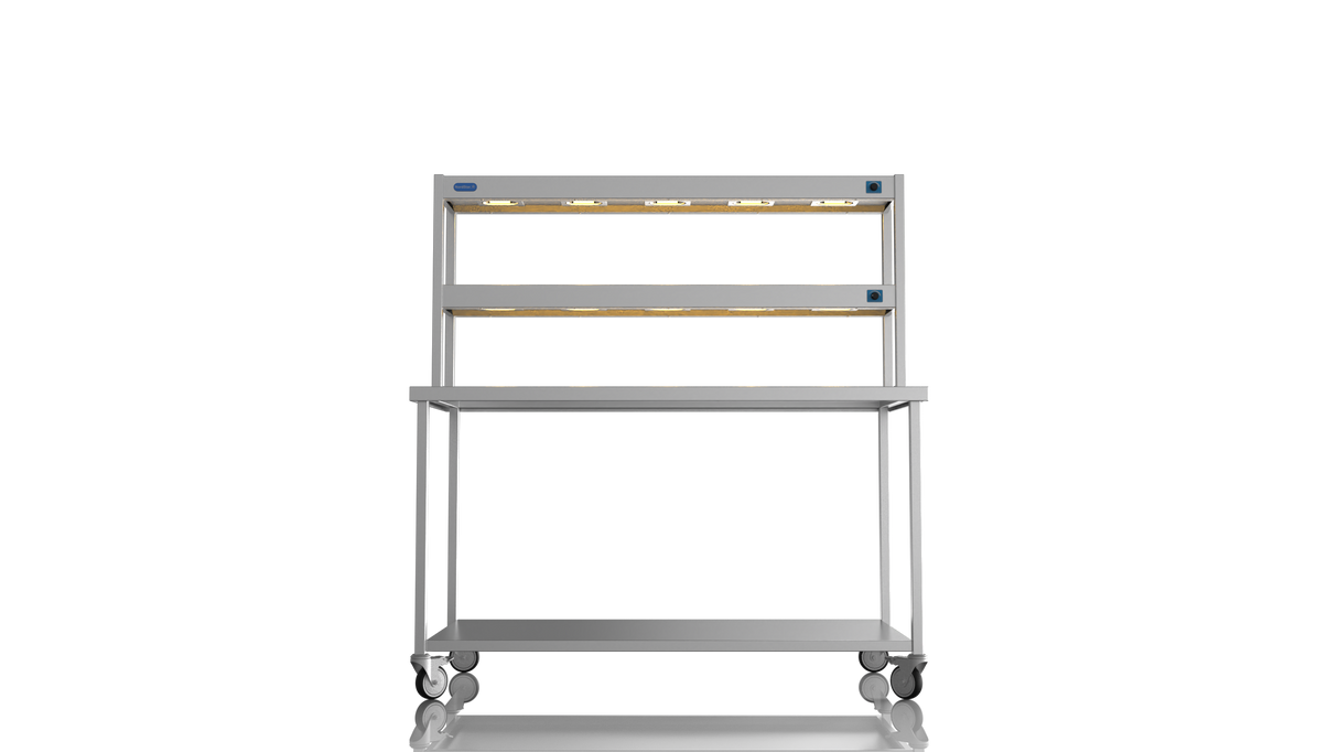Nordstar Mobile Centre Table Bench With 2 Tier Heated Gantry Chefs Pass 1500mm | DTCMCB1500 Stainless Steel Tables with Overshelf Nordstar