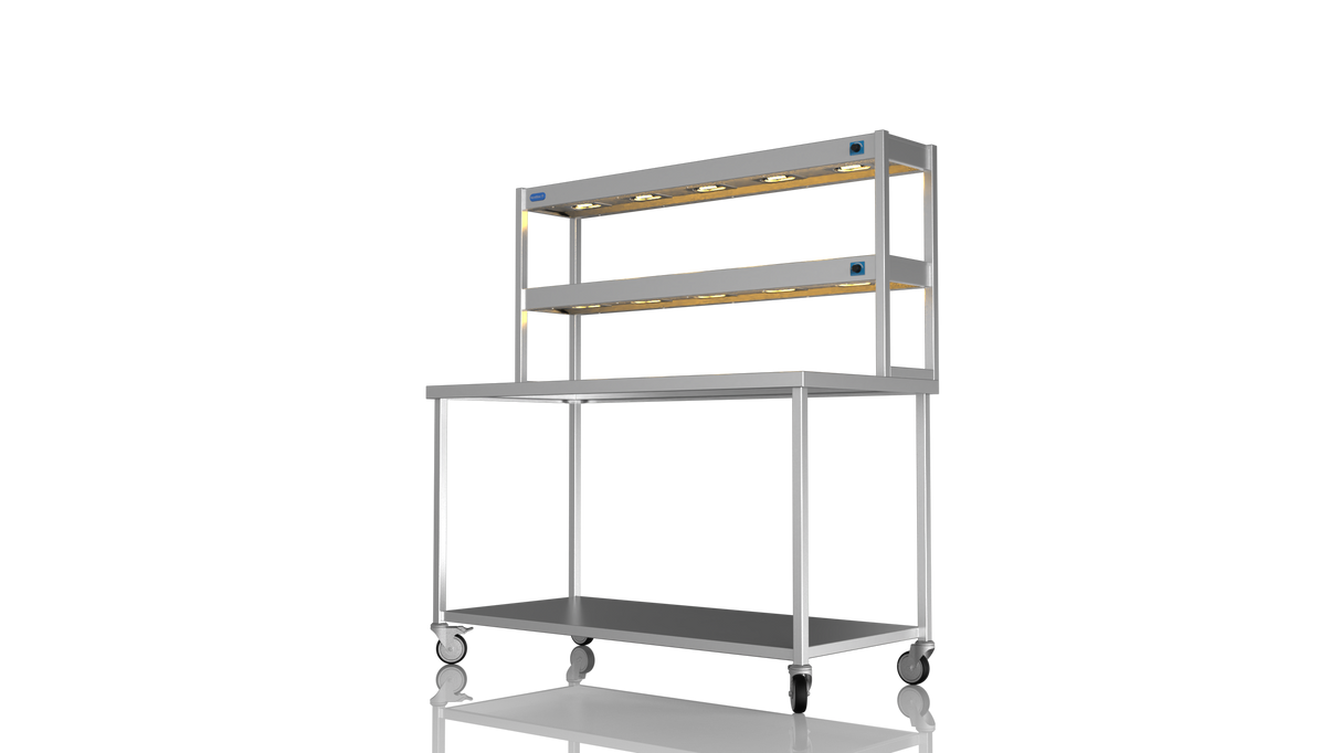 Nordstar Mobile Centre Table Bench With 2 Tier Heated Gantry Chefs Pass 1500mm | DTCMCB1500 Stainless Steel Tables with Overshelf Nordstar