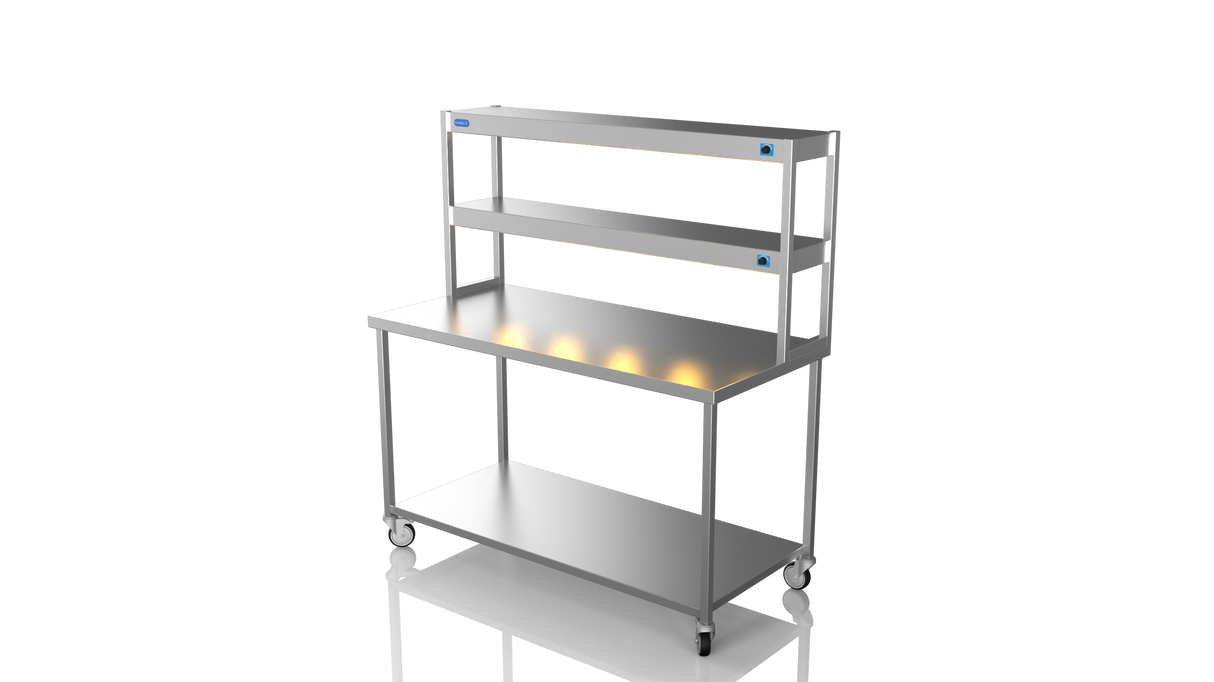 Nordstar Mobile Centre Table Bench With 2 Tier Heated Gantry Chefs Pass 1500mm | DTCMCB1500 Stainless Steel Tables with Overshelf Nordstar