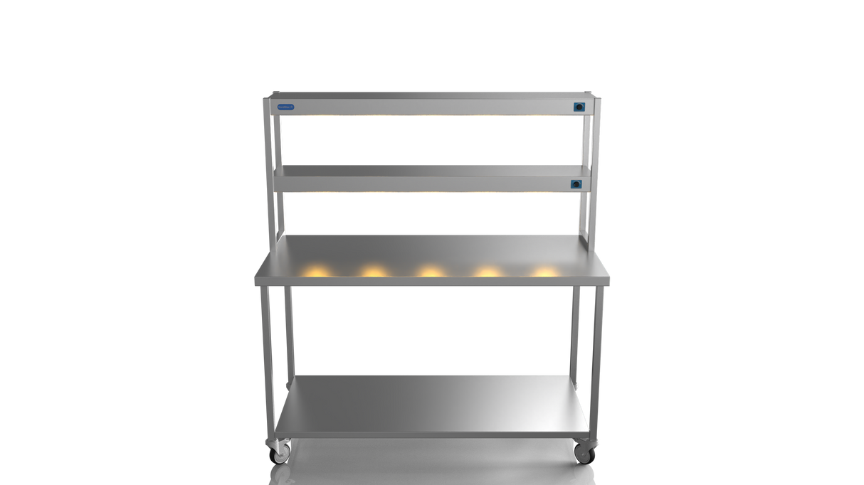 Nordstar Mobile Centre Table Bench With 2 Tier Heated Gantry Chefs Pass 1500mm | DTCMCB1500 Stainless Steel Tables with Overshelf Nordstar